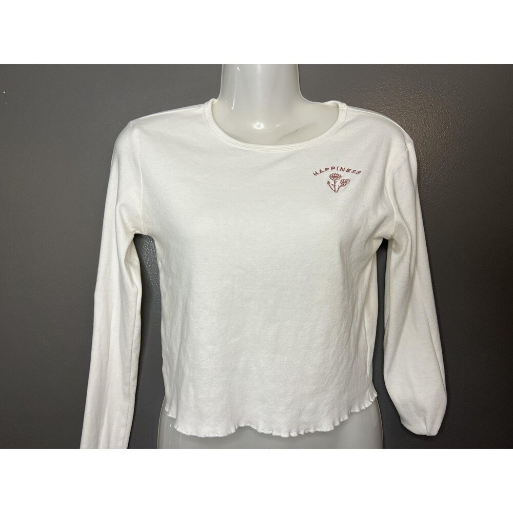 Ardene Shirt Women’s Medium White Happiness Embroidered Long Sleeve Crop Top